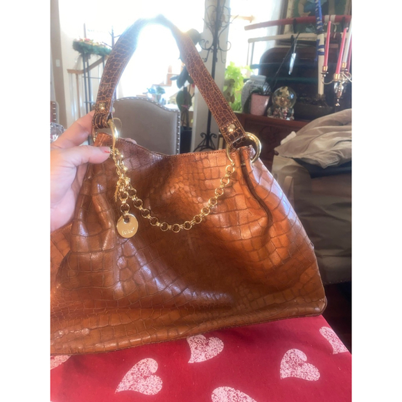 Perlina Brown Croc-Embossed Leather Shoulder Bag